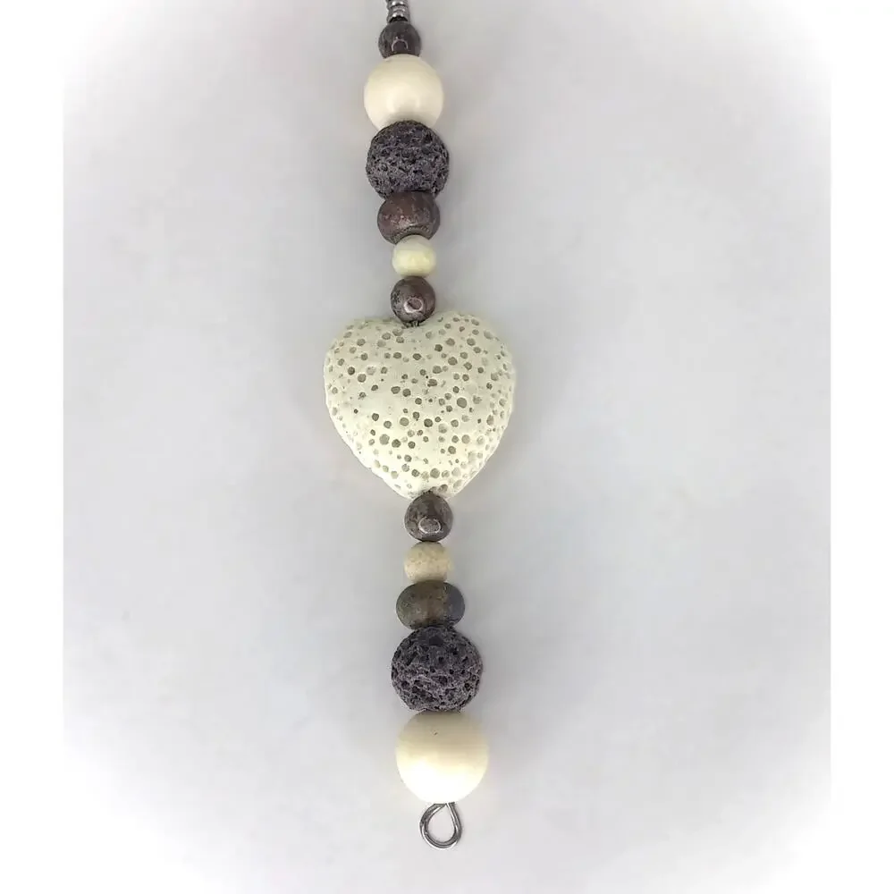 Handmade Beaded Diffuser Bag Charm Large Cream Lava Heart Gemstone Keychain NEW